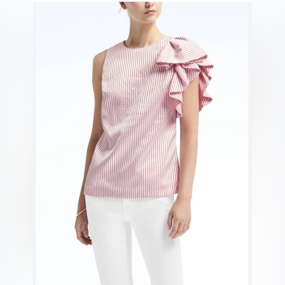 BANANA REPUBLIC Asymmetrical Pink Striped Blouse with One-sided Ruffle Sleeve
